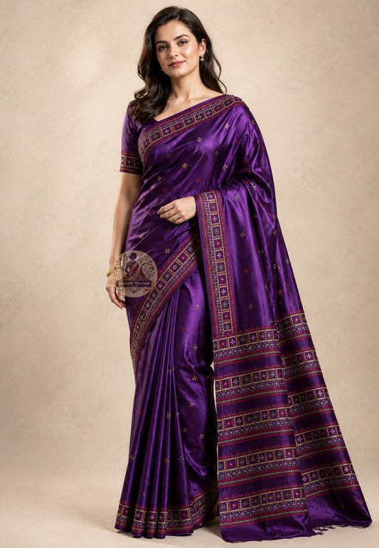 Front view of ivory Bishnupur Kantha Silk Saree with hand-stitched lotus peacock field and running vine border kantha stitch Bishnupur Bengal