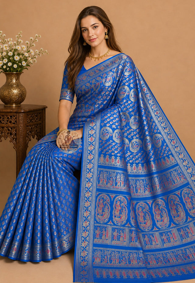 Front view of Swarnachari silk saree with golden zari Bengal heritage motifs draped in classic Nivi style