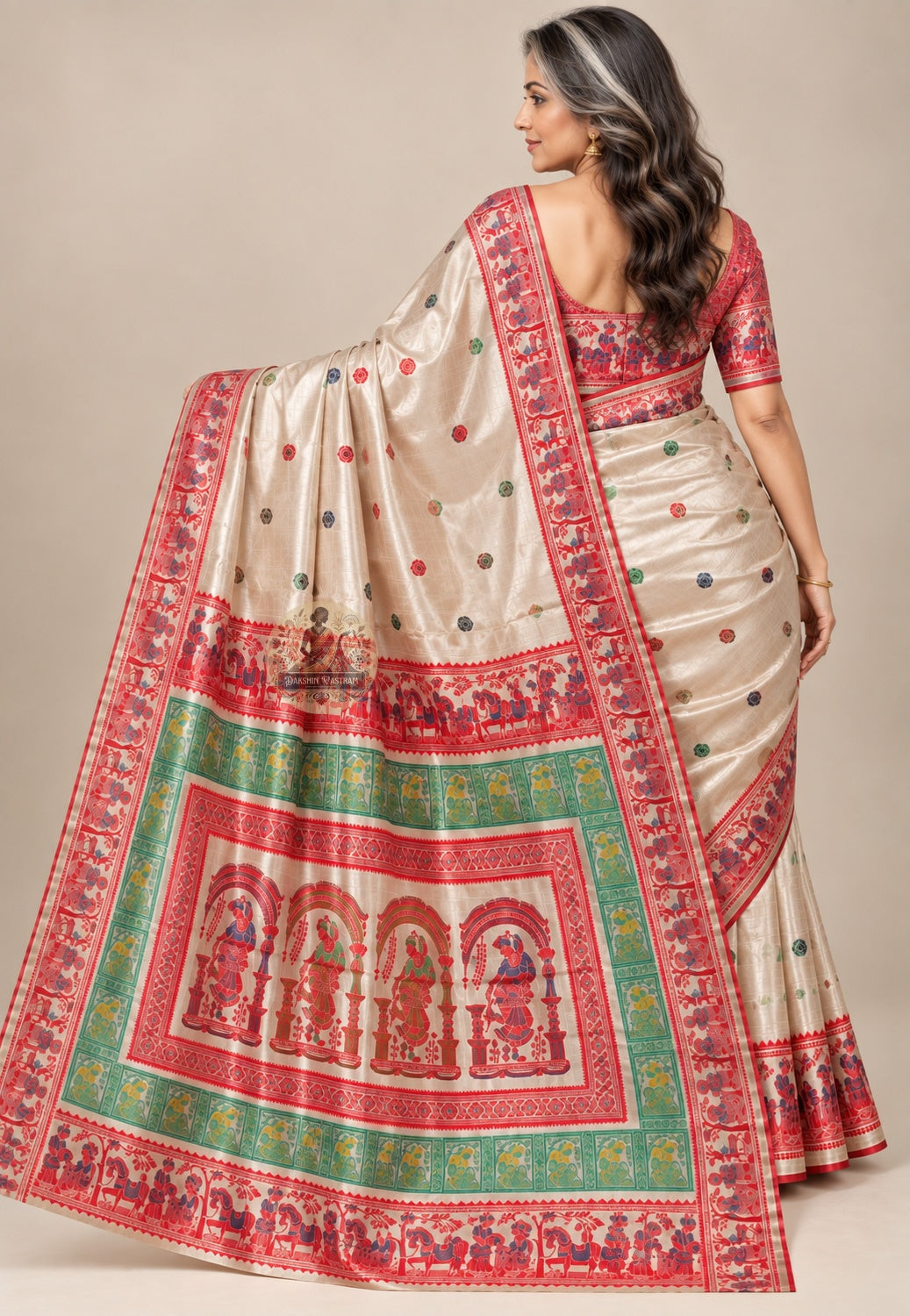 Rear view of cream Baluchari silk saree with the figurative pallu draped over the shoulder