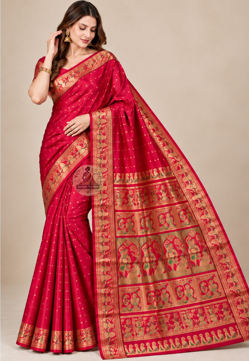 Front view of Swarnachari pure silk saree with golden zari Ramayana mythology and Bishnupur temple art motifs handloom woven in West Bengal for occasions worth remembering across a lifetime