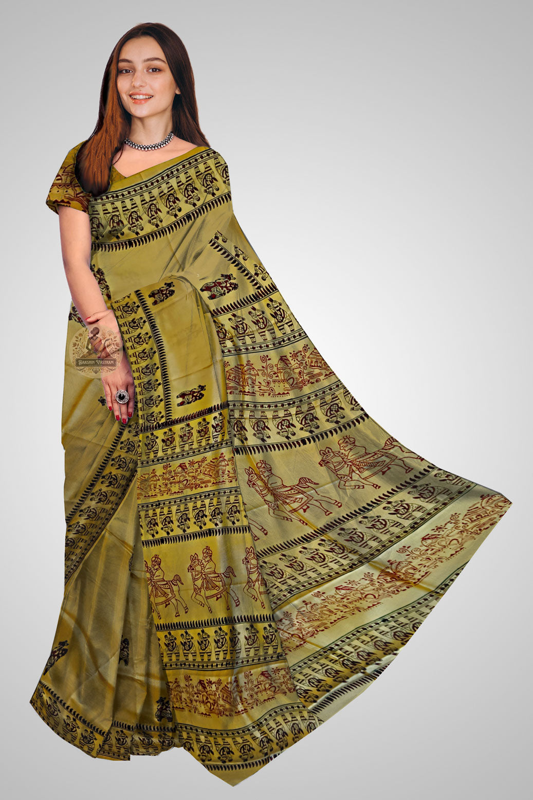 Shop Pure Silk Block Print Saree online – Front view with ethnic handprints