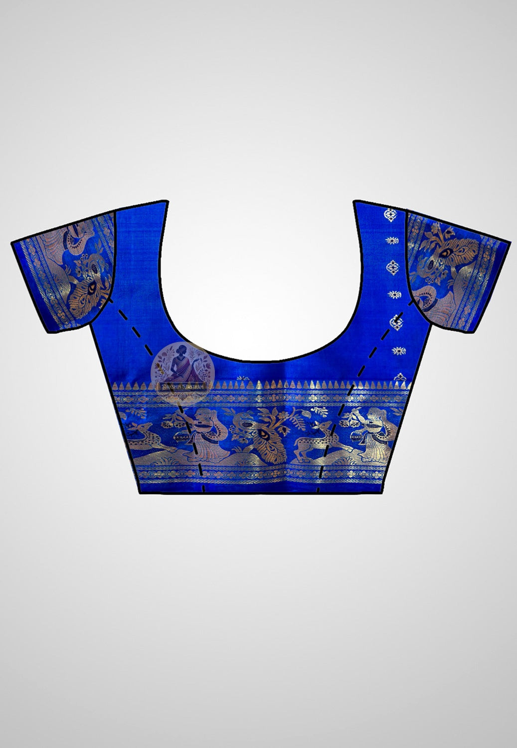 Matching blue blouse piece included with blue Swarnachari pure silk golden zari saree, pre-woven in the same indigo Swarnachari silk by West Bengal handloom artisan weavers