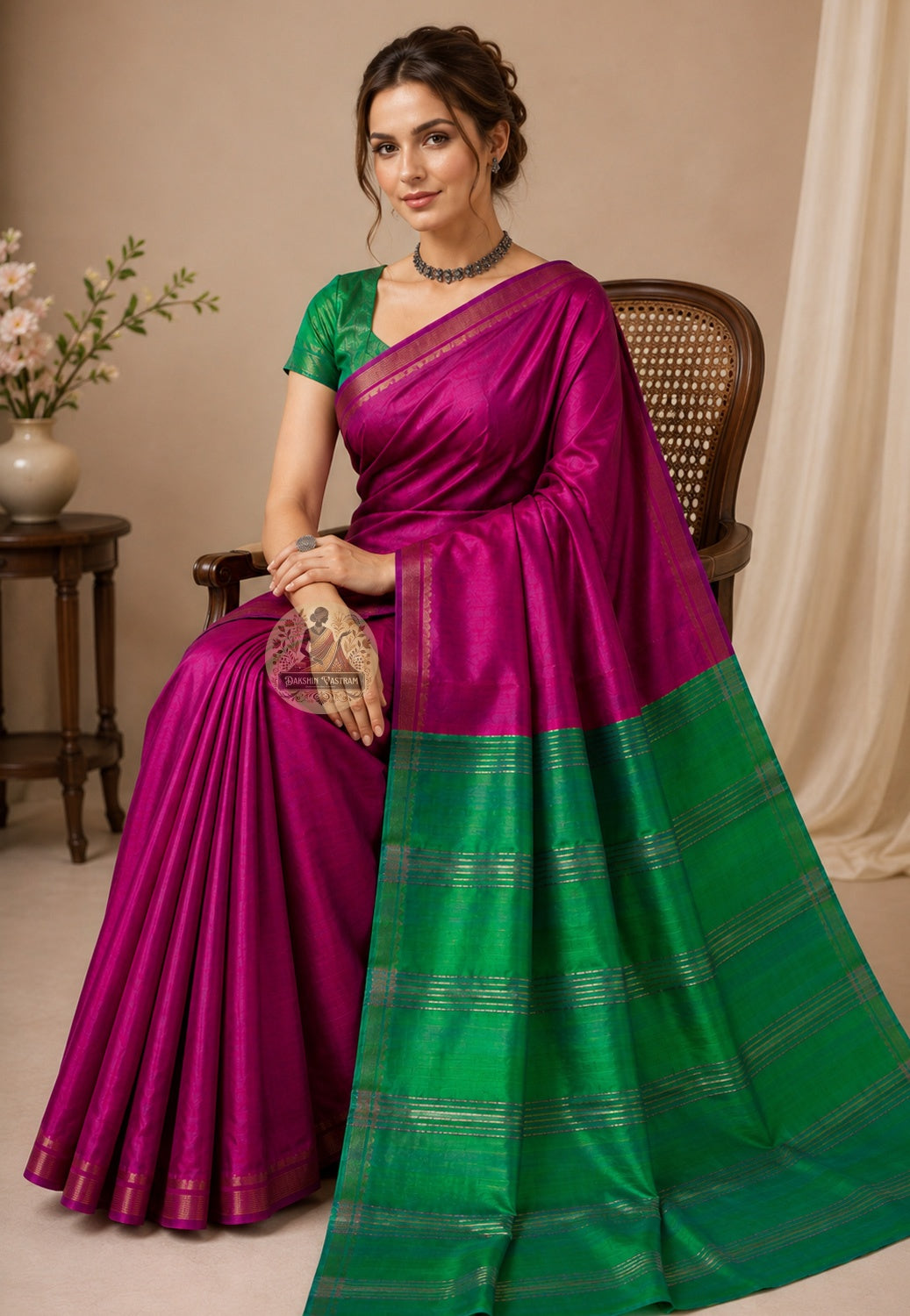 Side view of Bishnupur Pure Katan Silk Saree displaying the composed authoritative fall of pure Katan silk, handwoven in Bishnupur Bengal for weddings and cultural celebrations across UK, USA, EU and India — a saree worth keeping