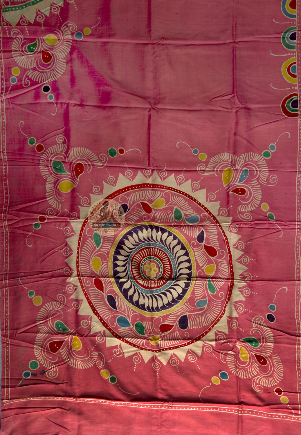Full flat lay of Bishnupur Katan silk saree with handwoven border and pallu, Bengal temple-town heritage, six yards