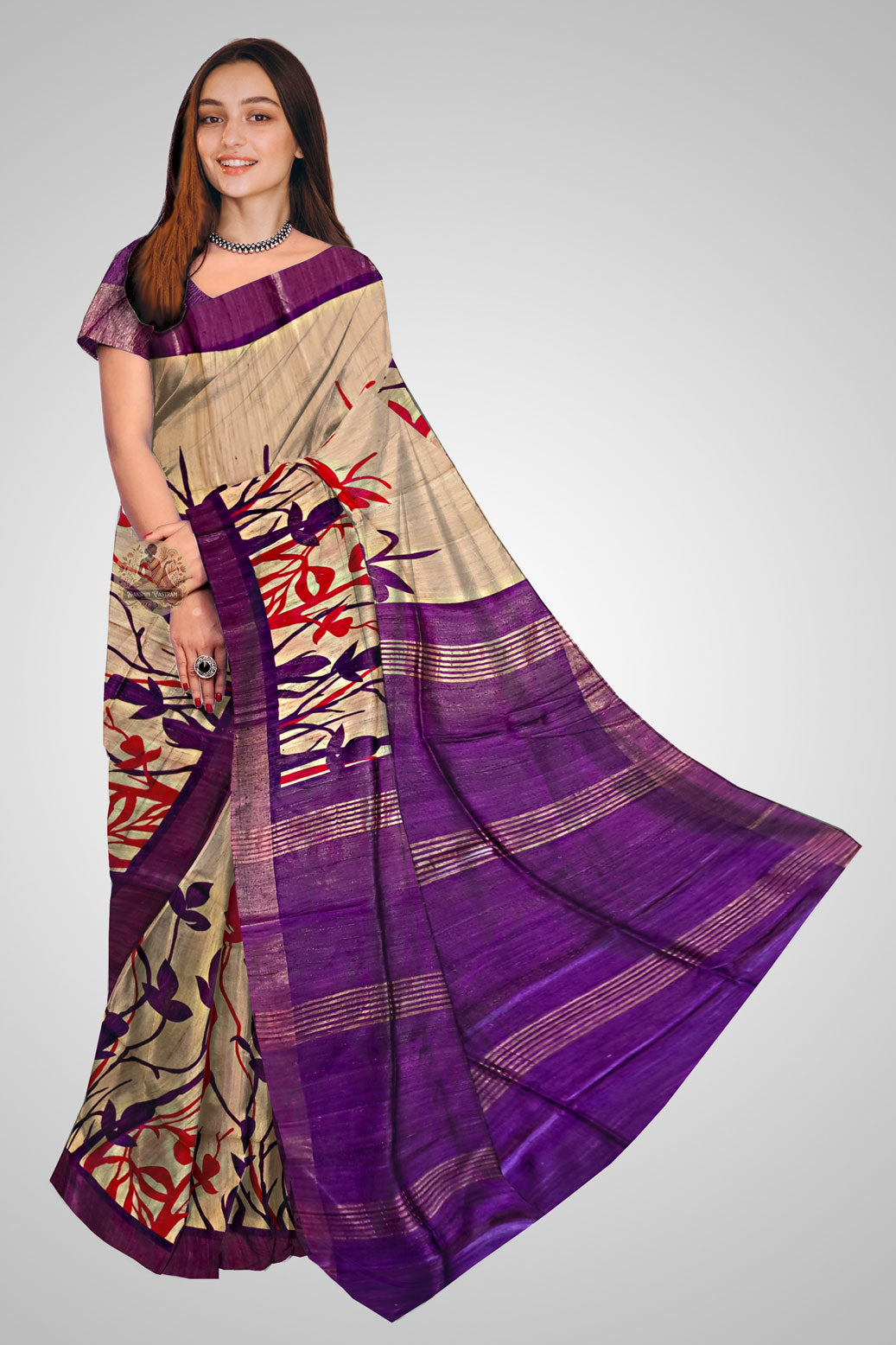 Buy Tussar Saree online – Handwoven raw silk front profile