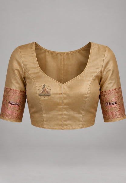 Matching blouse piece included with Bishnupur Swarnachari handloom silk saree, pre-matched in cream and zari, handwoven in West Bengal
