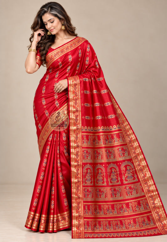 Front view of Swarnachari pure silk saree with golden zari Ramayana mythology and Bishnupur temple art motifs handloom woven in West Bengal for the woman who chooses to be known