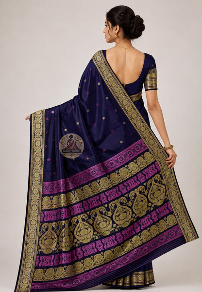 Side view of Baluchari Silk Saree showing pure silk drape and handloom woven celestial archer narrative border