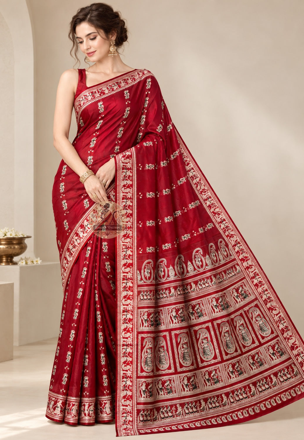 Front view of Bishnupur maroon Baluchari pure silk saree with mythological narrative motifs, handwoven by artisan weavers in West Bengal