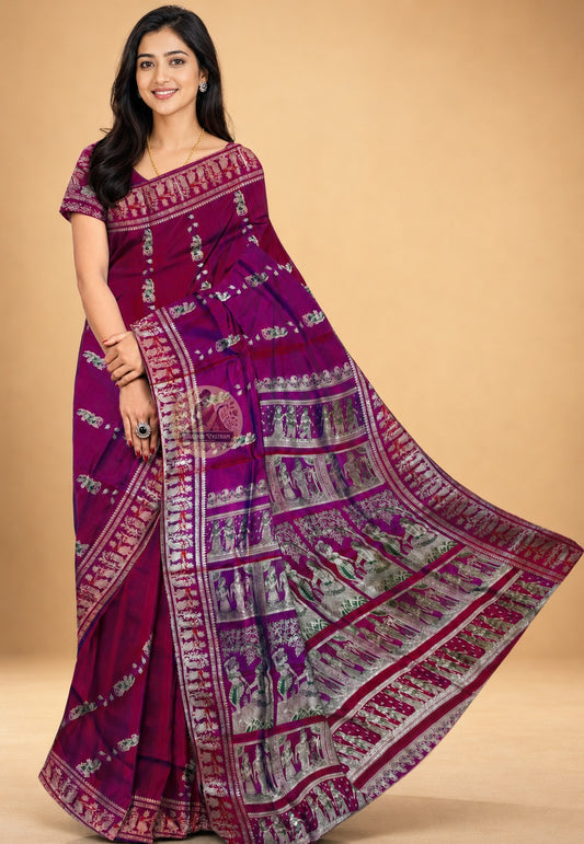 Front view of Baluchari Pure Silk Saree draped on model, showcasing the handwoven narrative silk body with traditional Baluchari buti motifs and the natural lustrous drape of pure Bengal silk