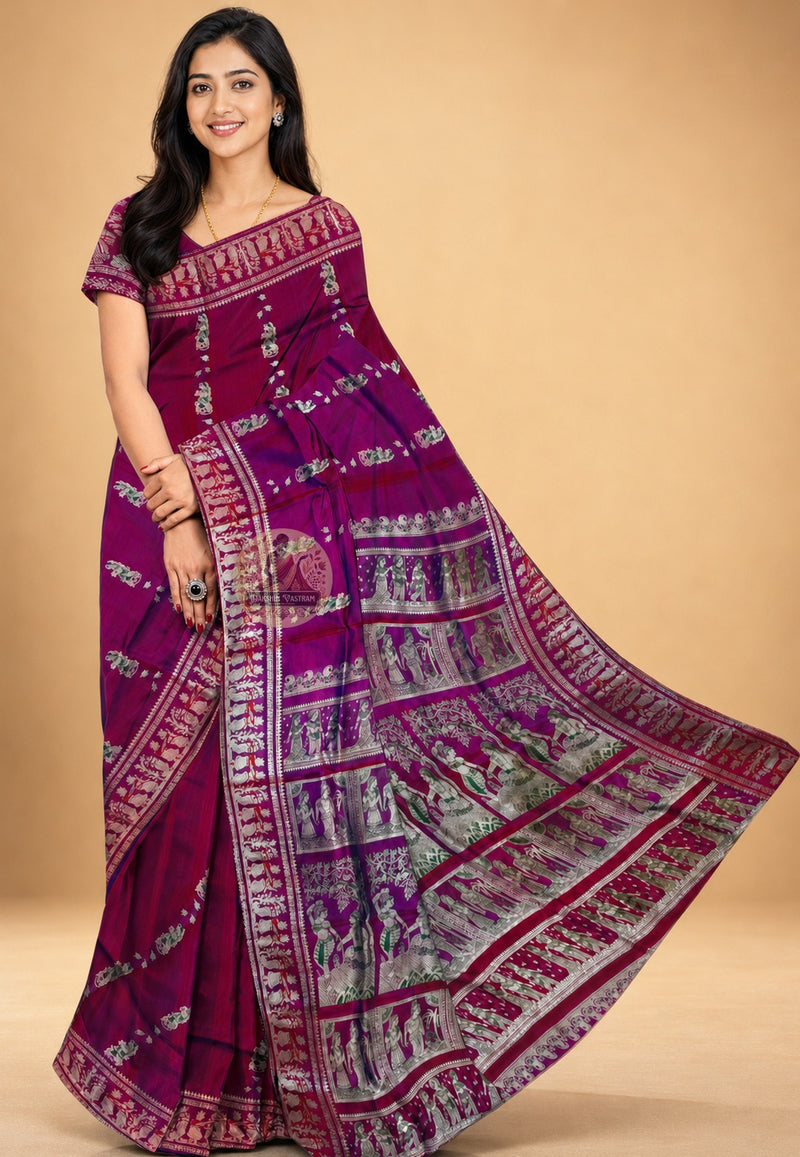 Front view of Baluchari Pure Silk Saree draped on model, showcasing the handwoven narrative silk body with traditional Baluchari buti motifs and the natural lustrous drape of pure Bengal silk