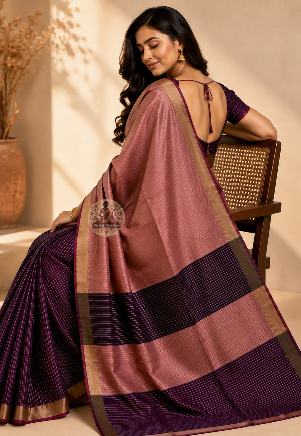 Front view of woman draped in Bishnupur Katan Silk Saree with gold jewellery, festive occasion