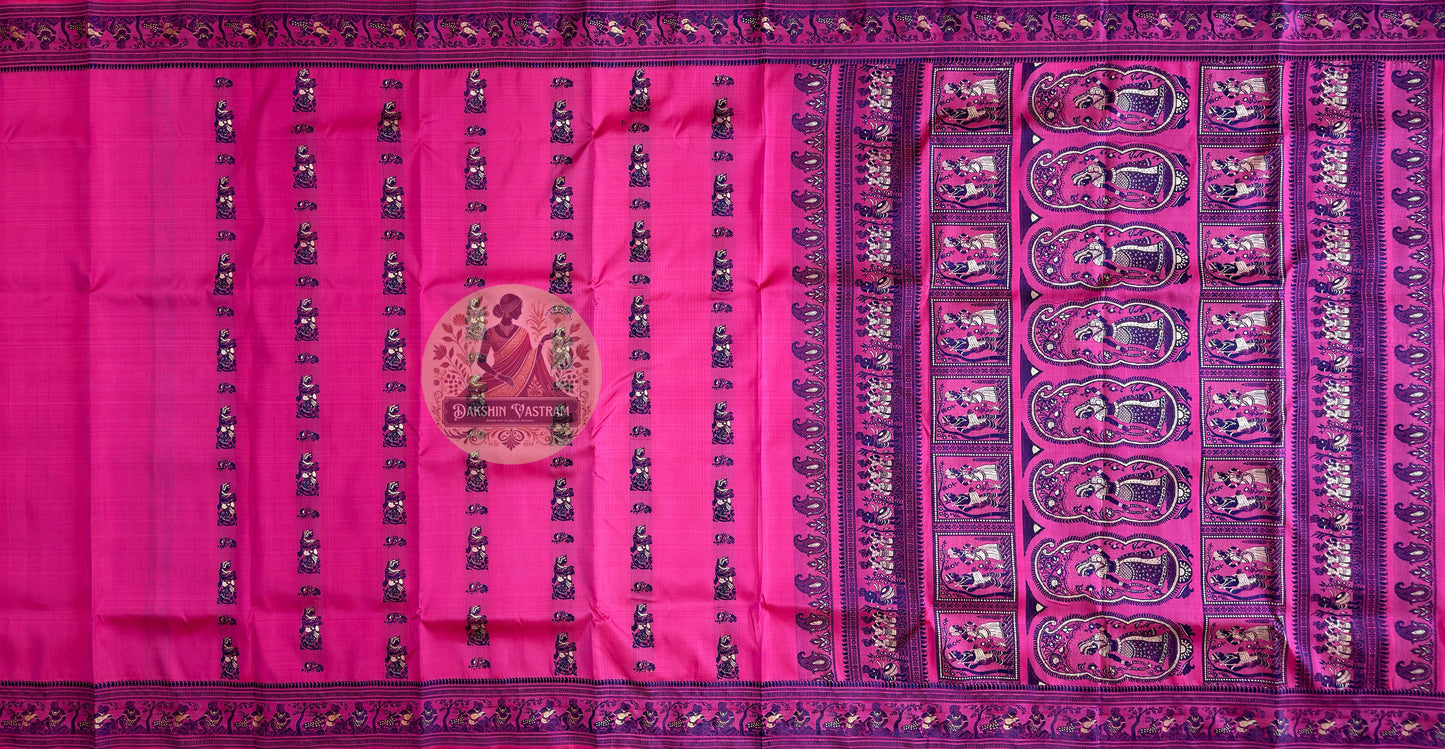 Close-up of the handwoven pallu of Rani Pink Baluchari Silk Saree, showcasing large oval medallions with mythological scenes of women in royal courts and musicians mid-performance woven in navy and rani pink pure Bengal silk