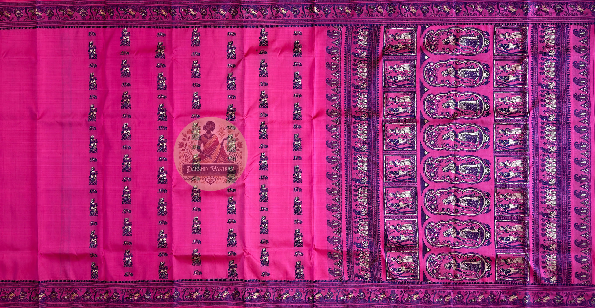 Close-up of the handwoven pallu of Rani Pink Baluchari Silk Saree, showcasing large oval medallions with mythological scenes of women in royal courts and musicians mid-performance woven in navy and rani pink pure Bengal silk