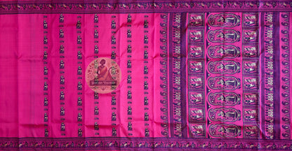 Close-up of the handwoven pallu of Rani Pink Baluchari Silk Saree, showcasing large oval medallions with mythological scenes of women in royal courts and musicians mid-performance woven in navy and rani pink pure Bengal silk