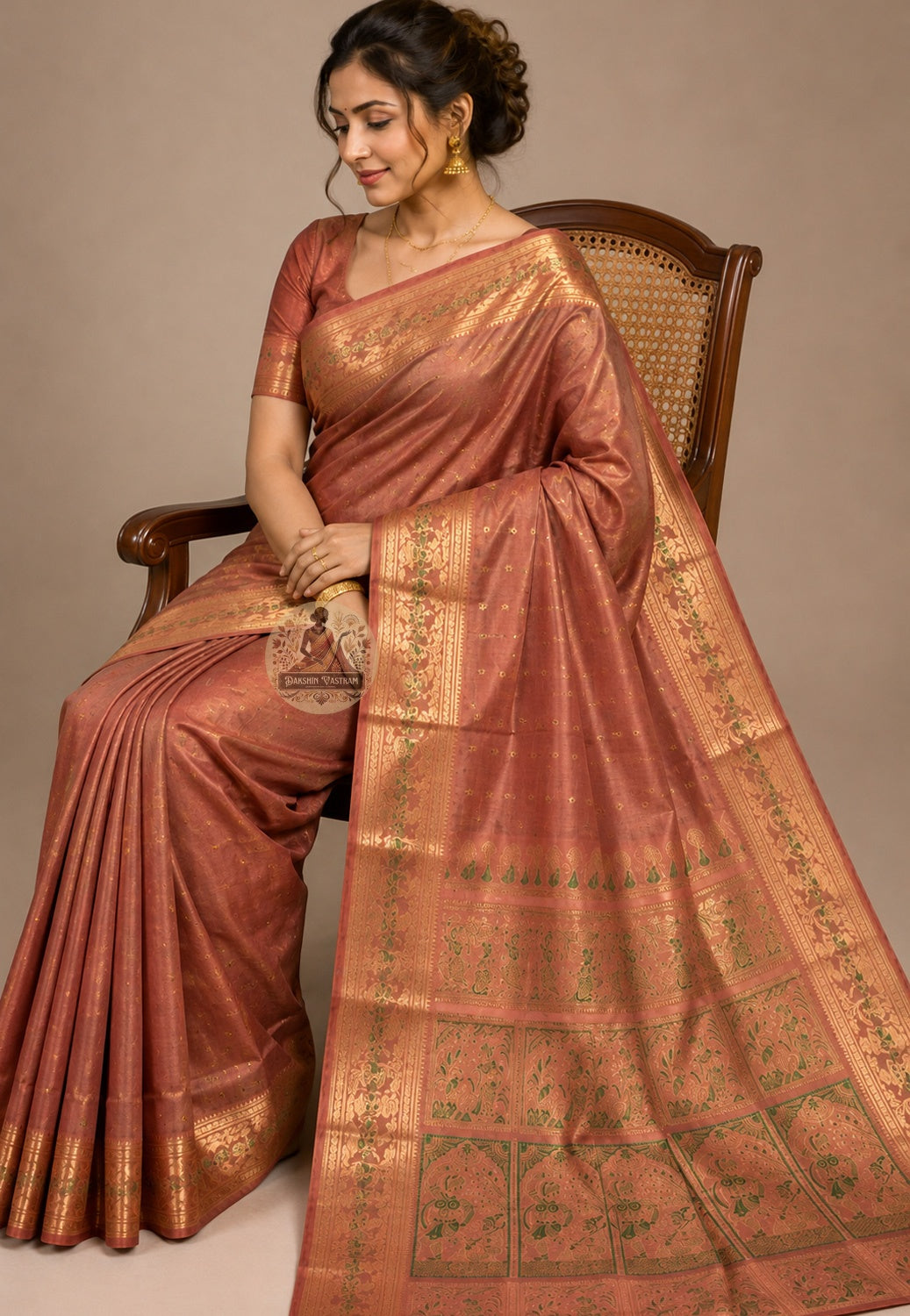 Close-up of Swarnachari handloom silk saree body showing warm pure silk ground with fine golden zari butis (small woven motifs) as quiet expressions of Bengal's craft identity