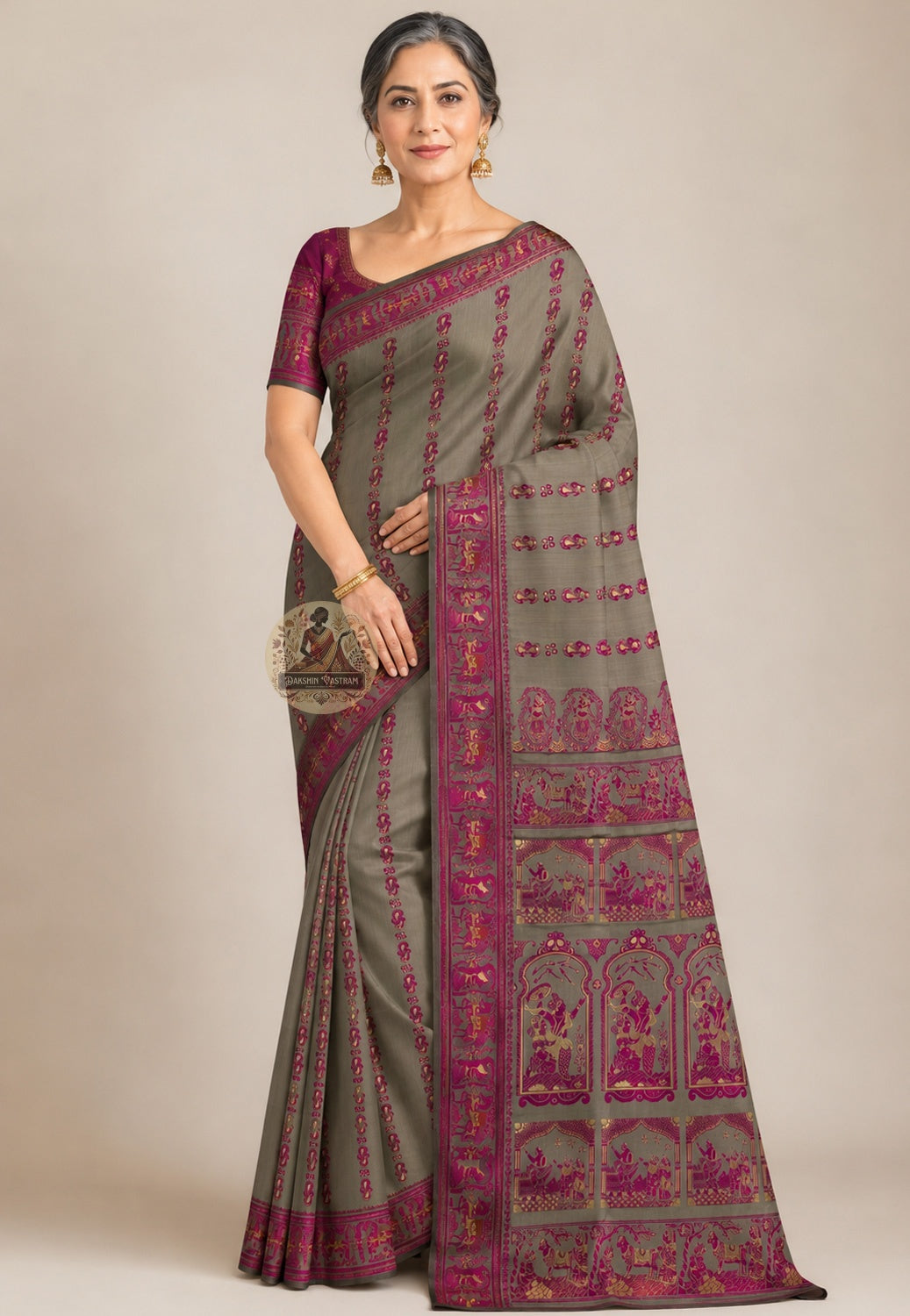 Front view of Baluchari Silk Saree with handwoven Mahabharata battle scene and temple procession motifs, West Bengal