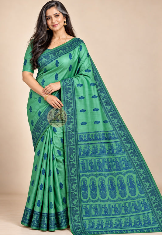 Front view of green Baluchari silk saree with blue ornamental motifs and figurative borders