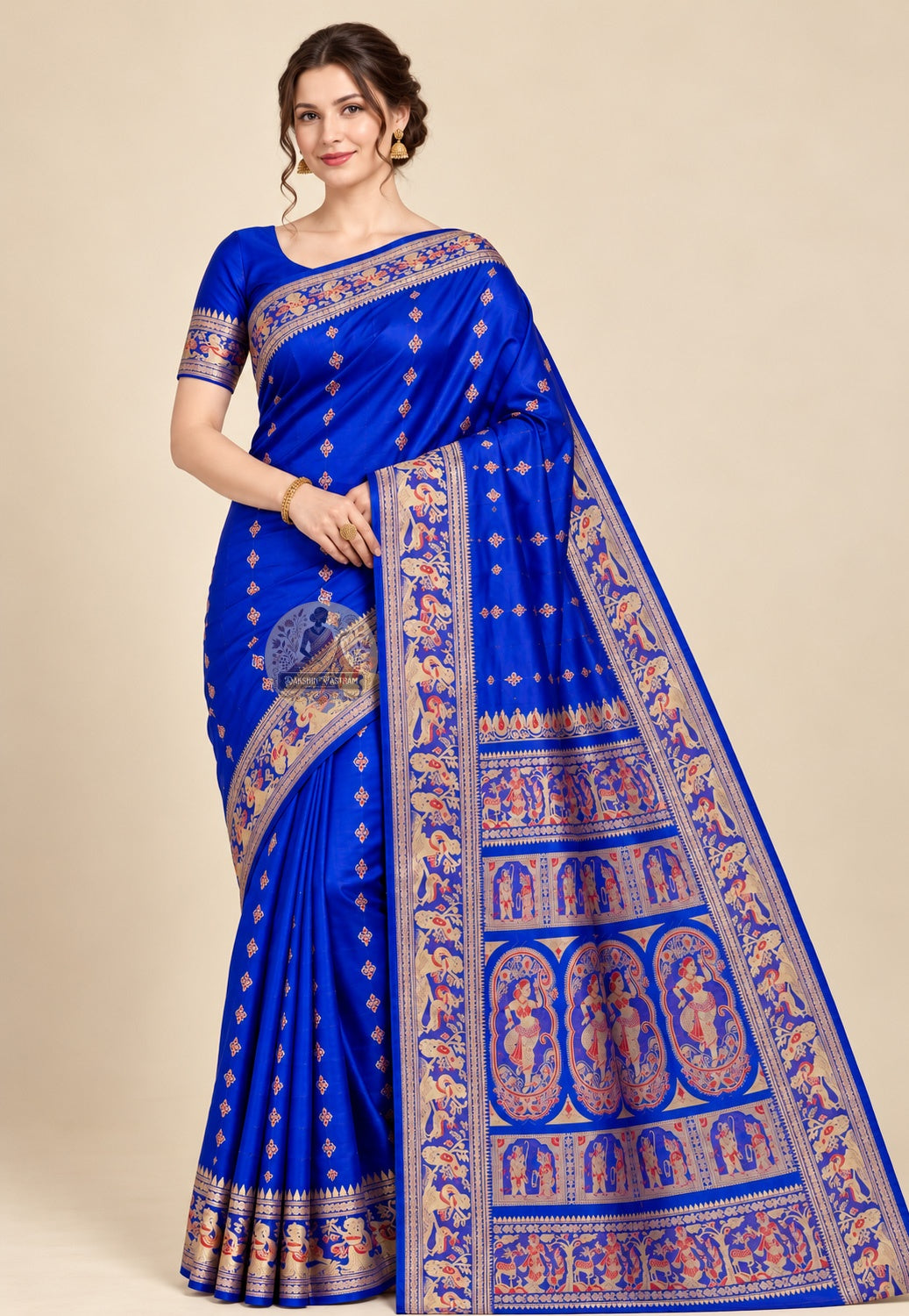 Front view of Bishnupur Swarnachari silk saree in royal blue with gold zari motifs, handwoven by master weavers in West Bengal