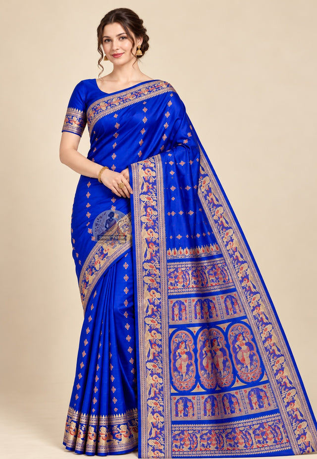 Front view of Bishnupur Swarnachari silk saree in royal blue with gold zari motifs, handwoven by master weavers in West Bengal