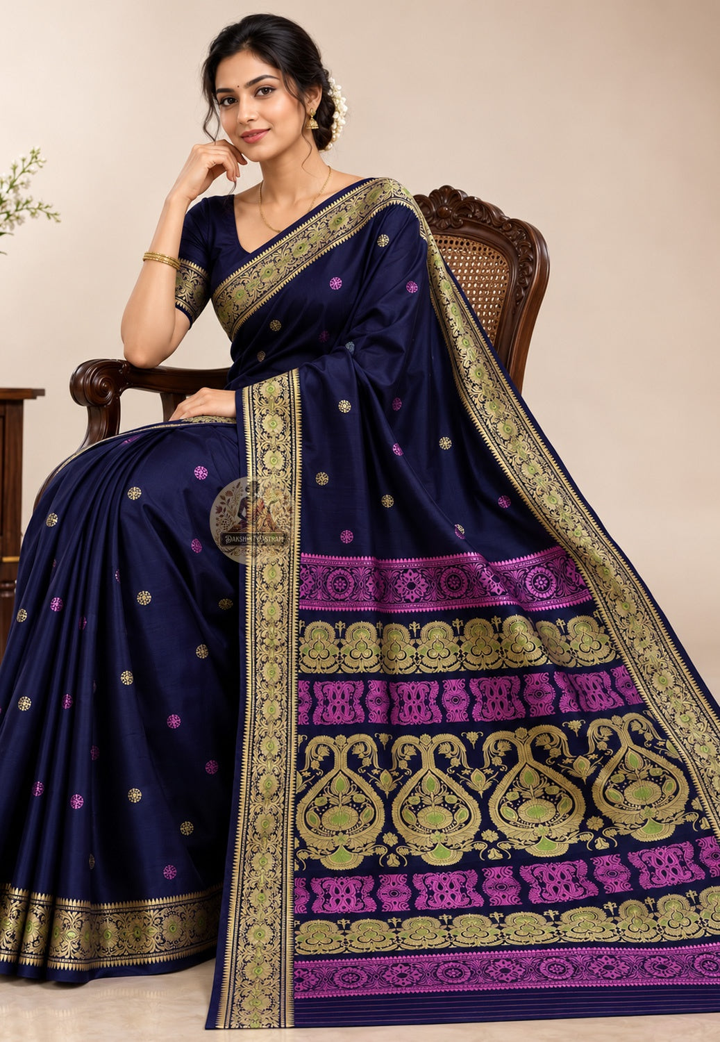 Front view of woman wearing Baluchari Silk Saree with antique gold jewellery, bridal reception heirloom occasion