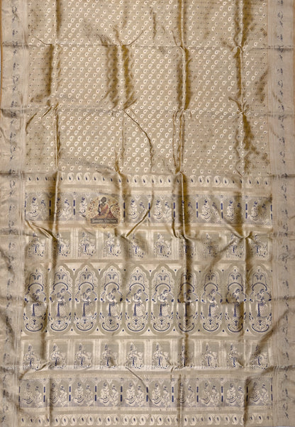 Side view of premium Swarnachari silk saree showing wide structured golden zari border and rich handloom silk drape, Bengal pit-loom craft