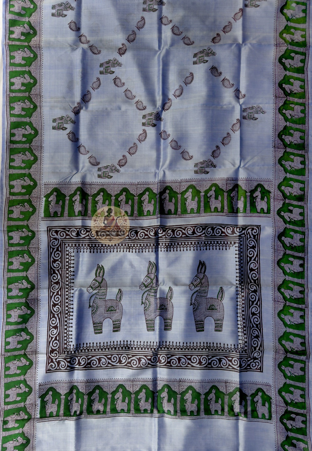 Close-up of zari (metallic thread) border on Bishnupur Katan Silk Saree, traditional pit-loom handwoven