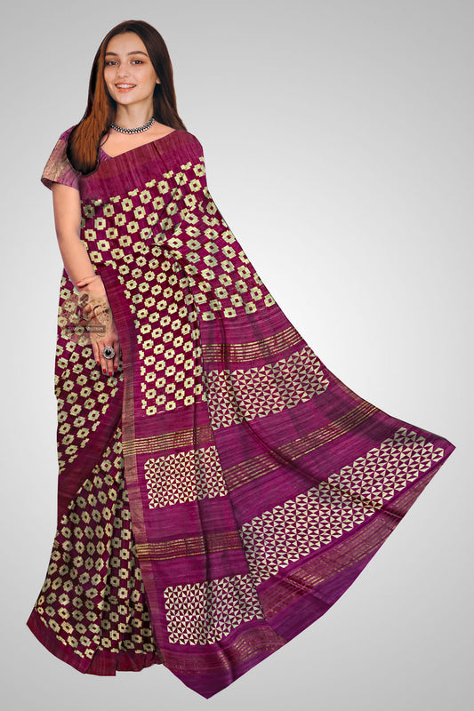 Buy Handloom Tussar Saree online – Front view showcasing raw silk texture