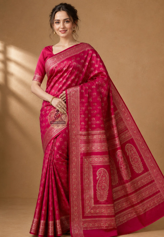 Front view of Bishnupur Katan Silk Saree with handwoven stylised bird and vine motifs, West Bengal