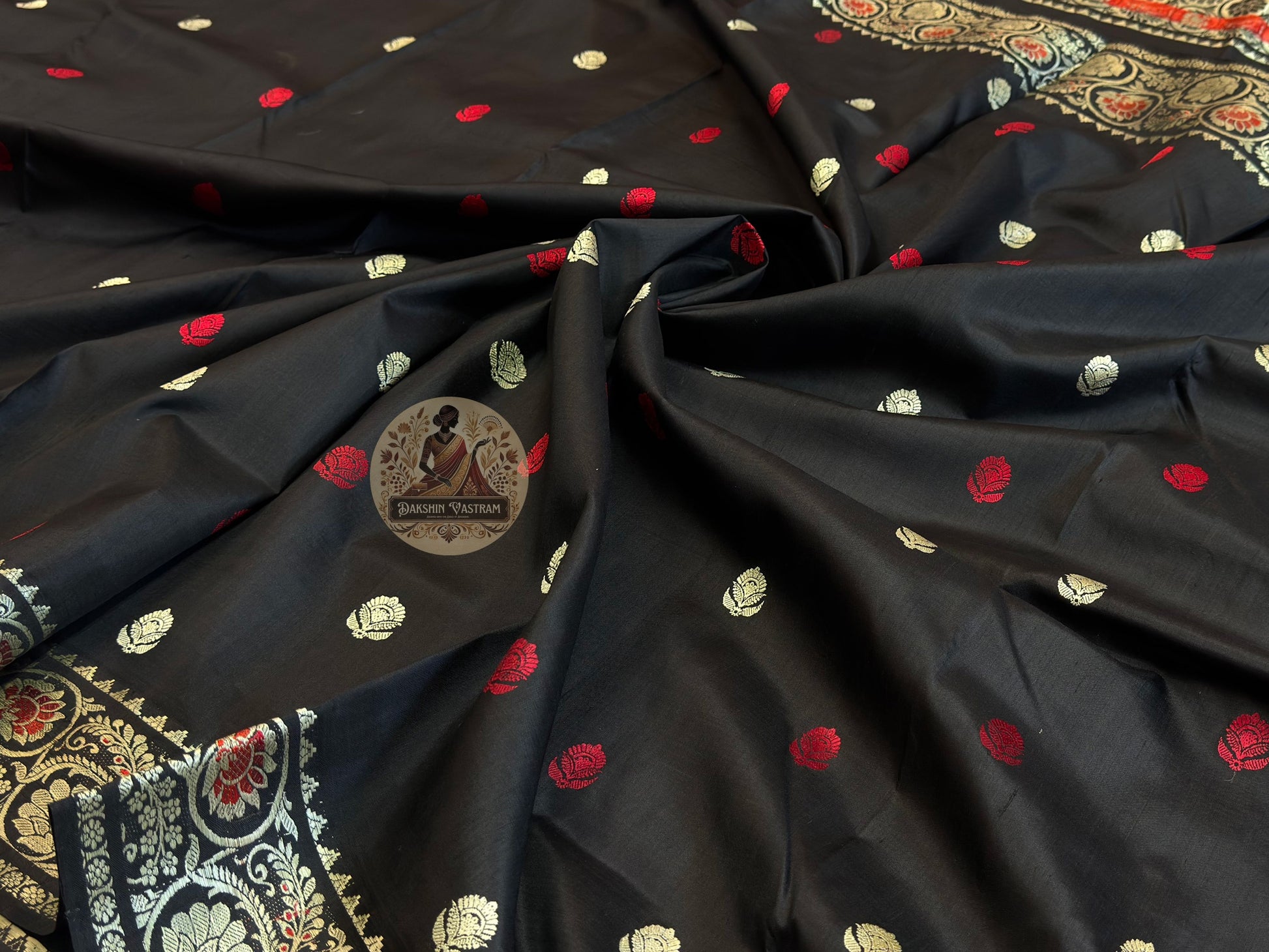 Full flat-lay view of Baluchari Pure Silk Saree showing complete handwoven silk body with Baluchari buti, traditional motif border, and richly illustrated narrative pallu — a premium piece of Bengal's living heritage