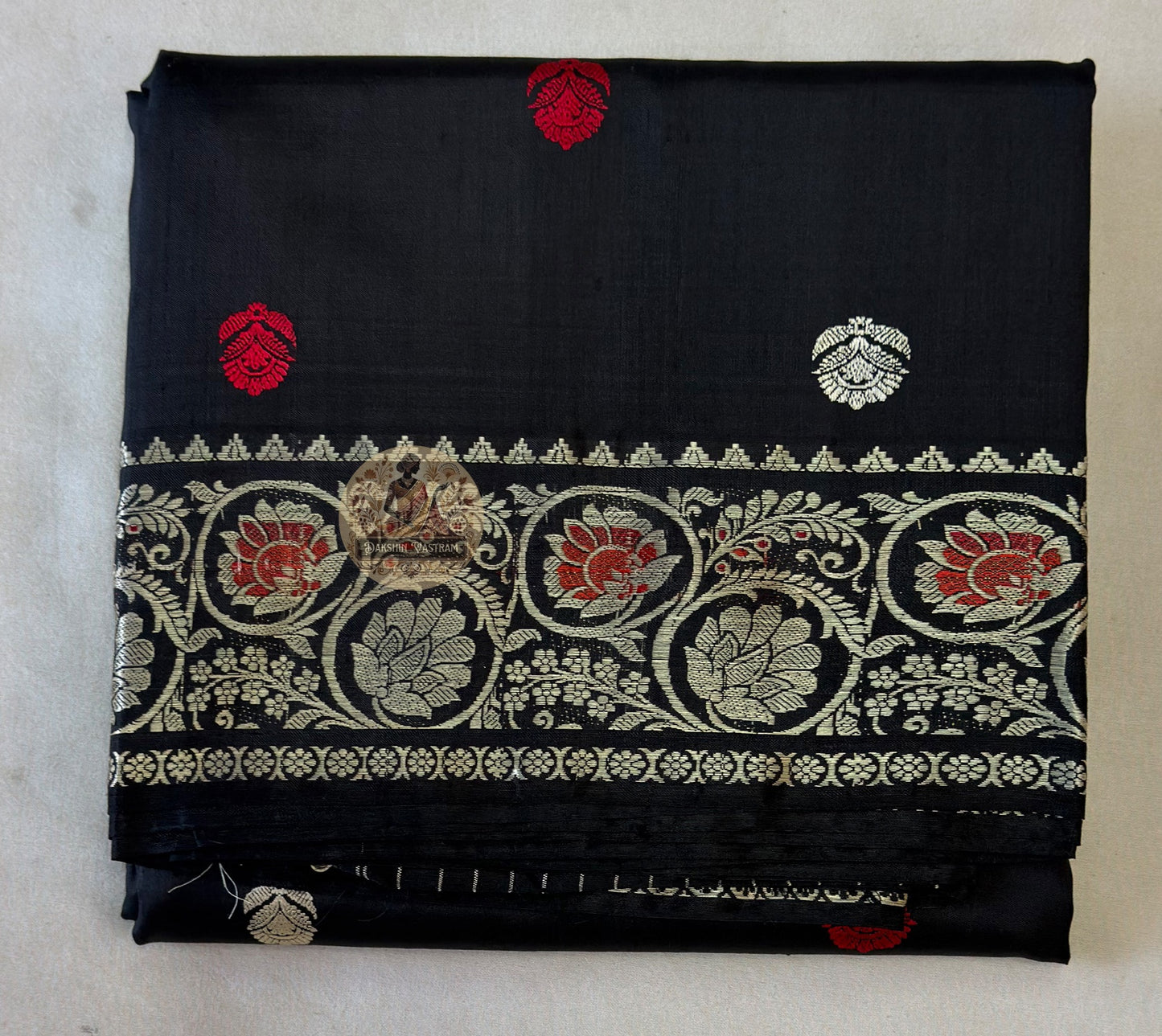 Detail view of traditional Baluchari buti motifs handwoven across the body of Baluchari Pure Silk Saree, revealing the fine weave precision and natural silk lustre of Bengal's most celebrated premium handloom tradition