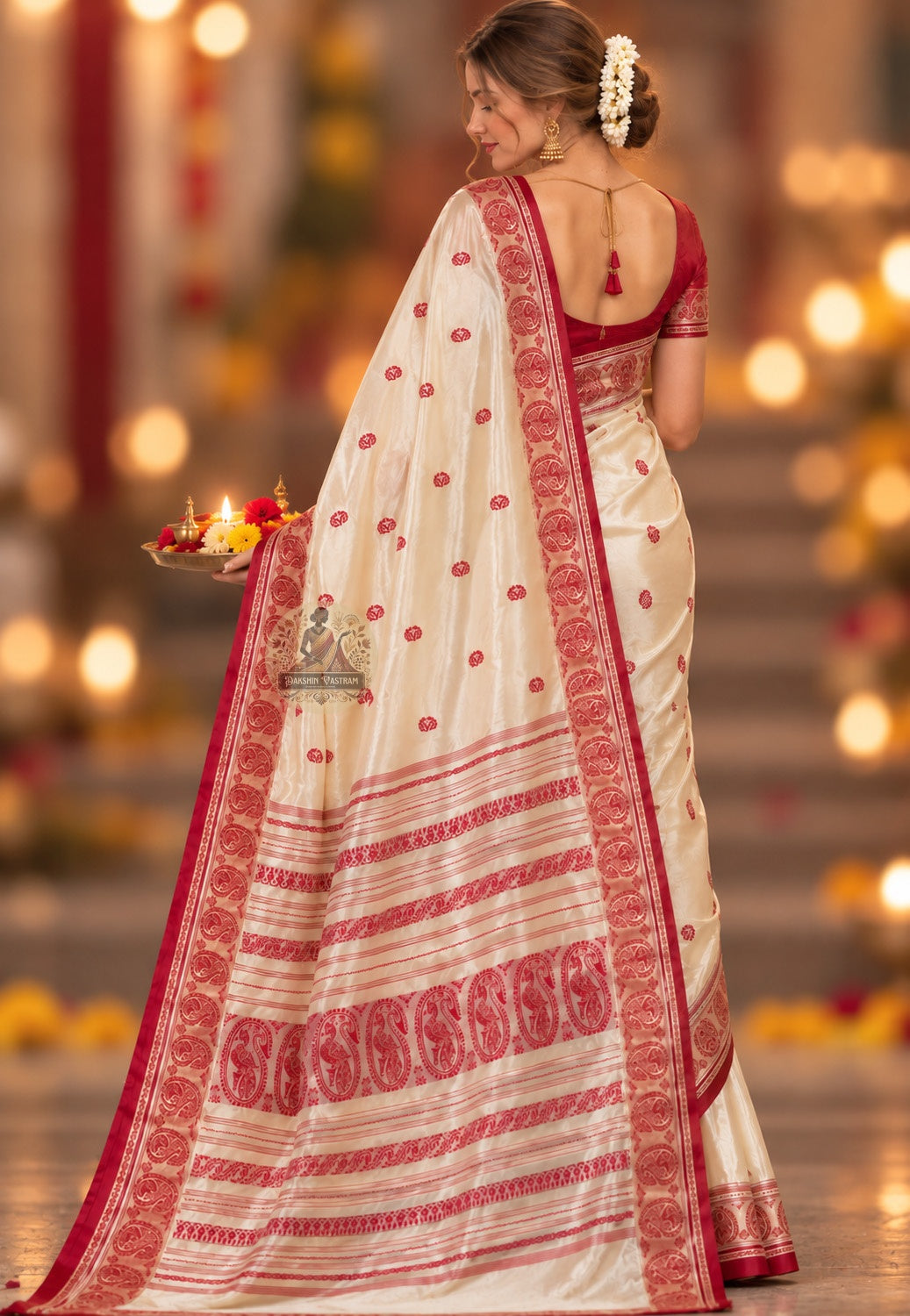 Side view of Bishnupur Garad heirloom pure mulberry silk saree displaying structured ivory drape and natural silk weight for puja and ceremonies