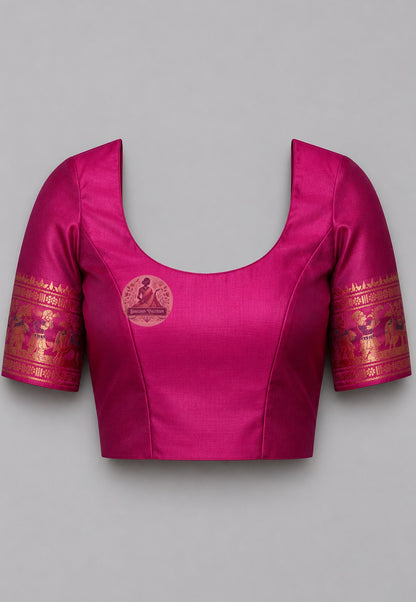 Matching unstitched blouse piece of Swarnachari silk saree in pure handloom silk with golden zari border trim, included with saree for tailoring