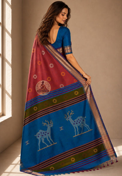 Side view of Bishnupur Pure Katan Silk Saree showing heirloom trousseau drape and peacock tail fan handloom border