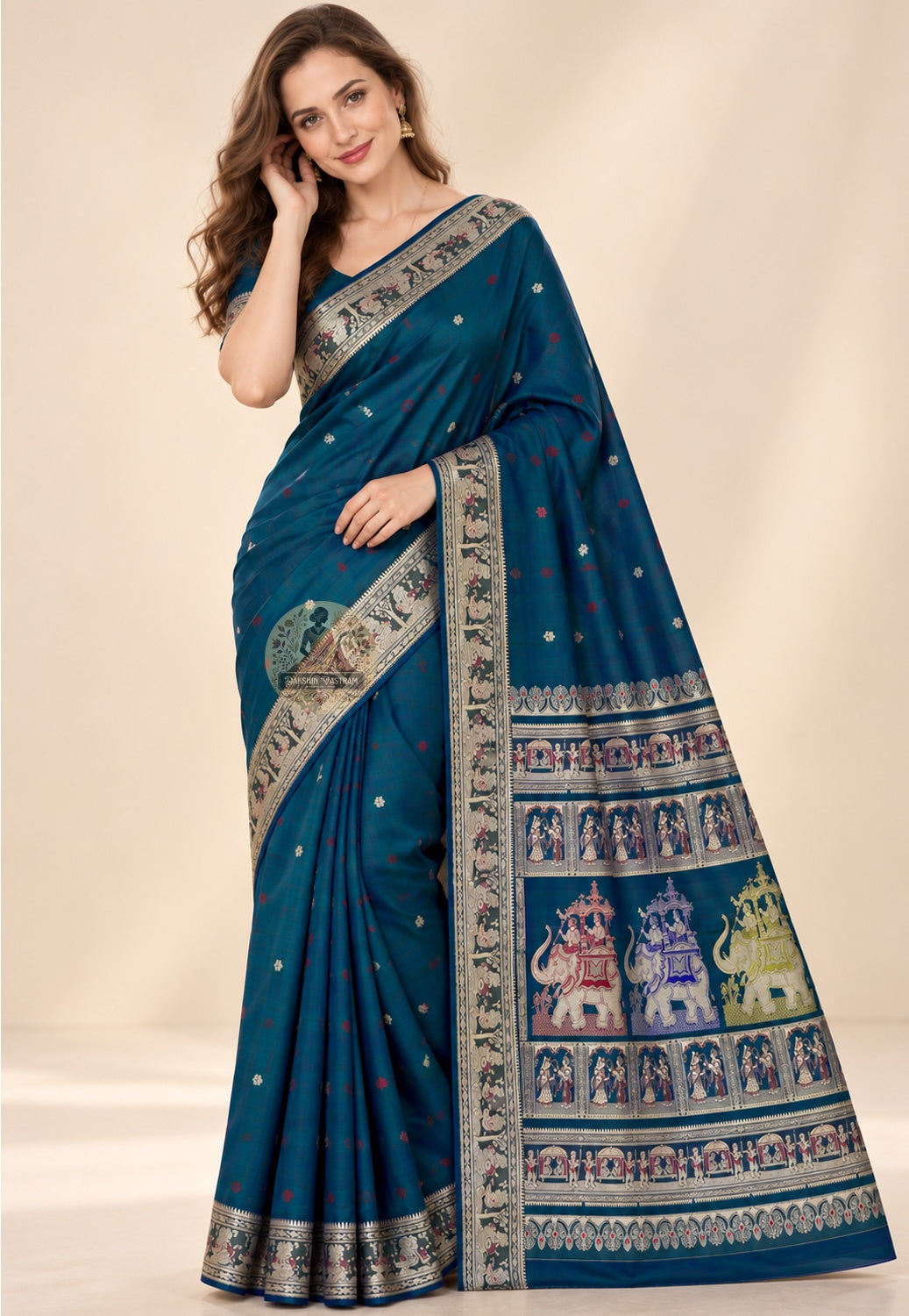 Front view of Baluchari pure silk saree with Ramayana and Mahabharata narrative motifs in coloured silk thread handloom woven in Bishnupur West Bengal revealing figures to those who look closely