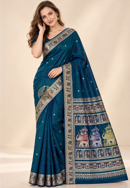 Front view of Baluchari pure silk saree with Ramayana and Mahabharata narrative motifs in coloured silk thread handloom woven in Bishnupur West Bengal revealing figures to those who look closely