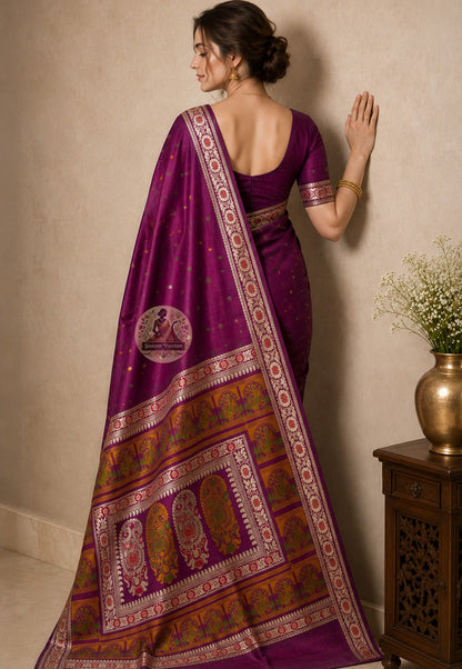 Rear view of premium handwoven Baluchari Silk Saree revealing the full pallu with Mahabharata and Ramayana figures woven thread by thread with devotion and patience by a master weaver in Bishnupur Bengal
