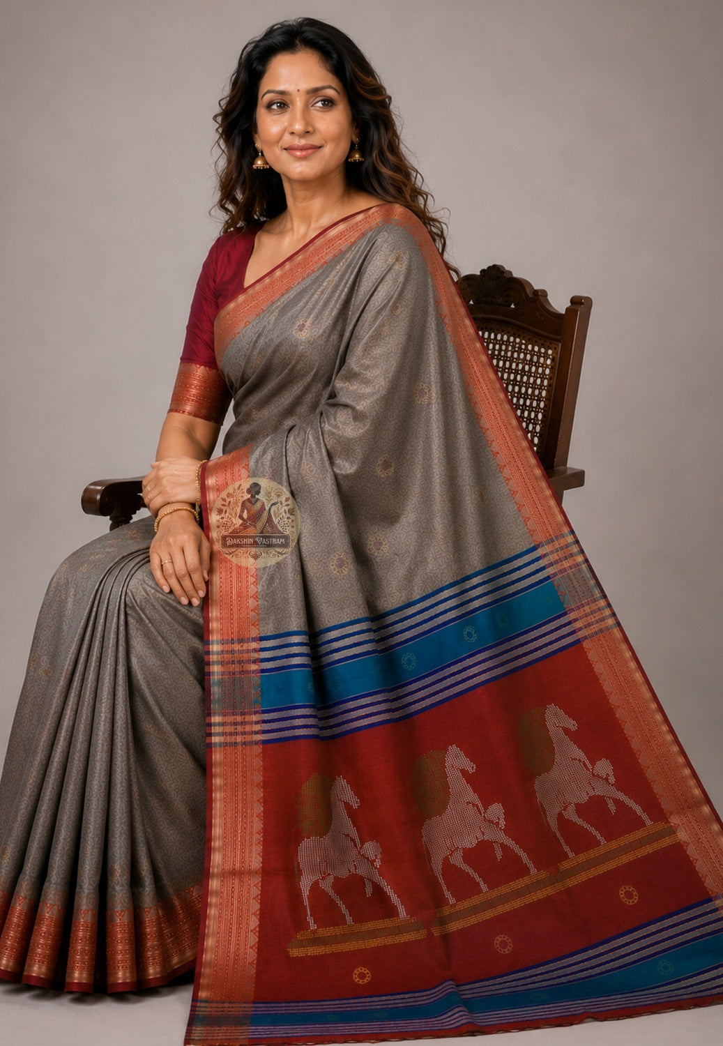 Front view of woman wearing Bishnupur Katan Silk Saree with silk blouse Durga Puja 2026 ashtami anjali Kolkata