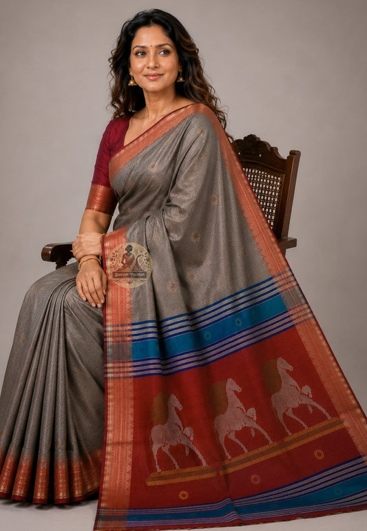 Front view of woman wearing Bishnupur Katan Silk Saree with silk blouse Durga Puja 2026 ashtami anjali Kolkata