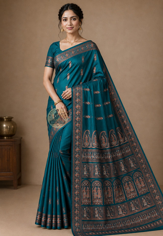 Front view of Swarnachari handloom silk saree with structured golden zari border and temple-inspired woven motifs, West Bengal