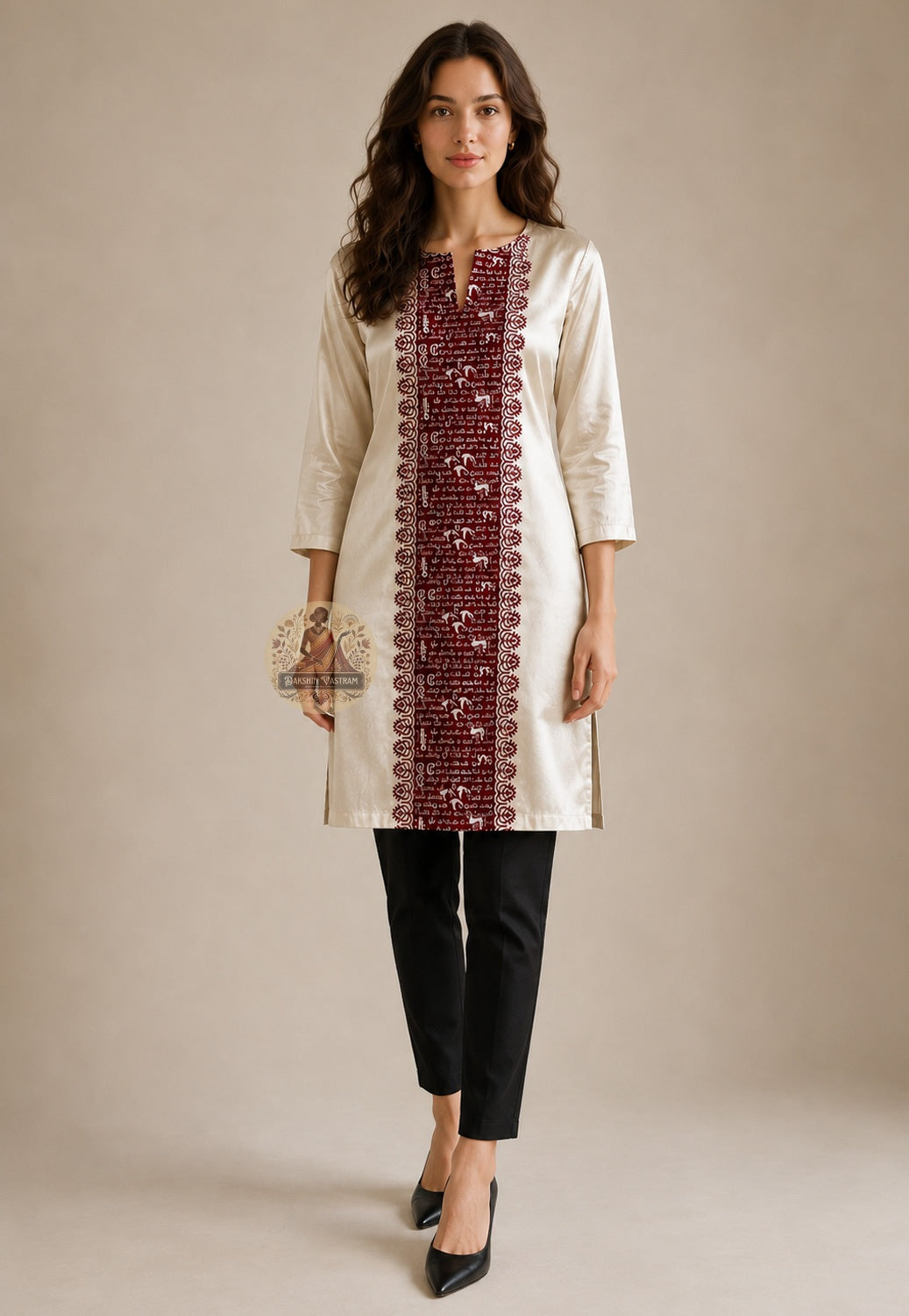 Front view of woman wearing anarkali kurti tailored from Baluchari Silk Block Print Piece sangeet evening Indian wedding
