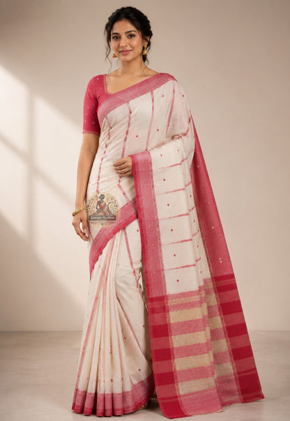 Side view of handwoven Bengali cotton saree showing pallu fall and woven border
