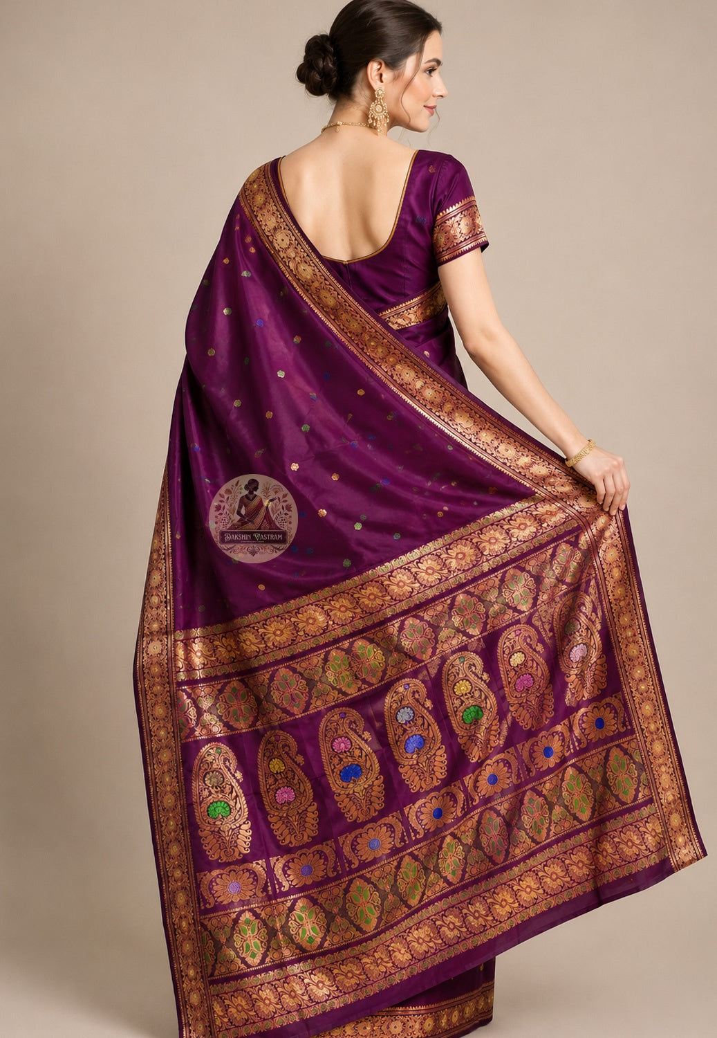 Front view of woman in premium Swarnachari pure silk saree, traditional Bengali drape with illuminating golden zari pallu revealing Bengal's temple and court traditions over left shoulder