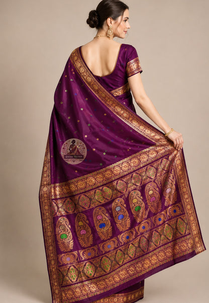 Front view of woman in premium Swarnachari pure silk saree, traditional Bengali drape with illuminating golden zari pallu revealing Bengal's temple and court traditions over left shoulder