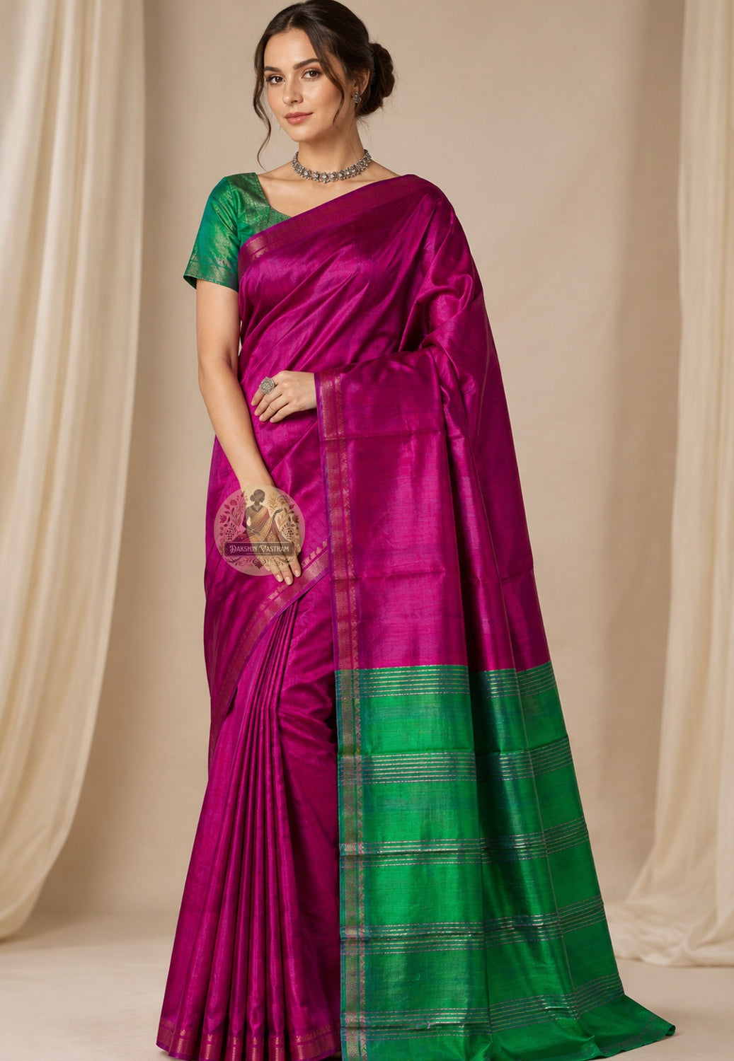 Front view of handwoven Bishnupur Pure Katan Silk Saree from Bengal, part of Durga Puja Collection 2026, showcasing heritage motifs on the pallu and the warm luminous drape of pure Katan silk that stays with you through every significant moment