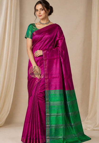 Front view of handwoven Bishnupur Pure Katan Silk Saree from Bengal, part of Durga Puja Collection 2026, showcasing heritage motifs on the pallu and the warm luminous drape of pure Katan silk that stays with you through every significant moment