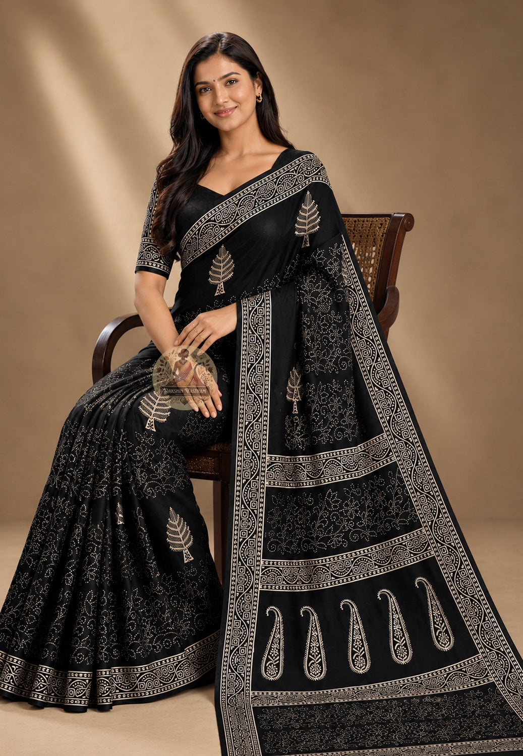 Front view of Bishnupur Katan Silk Saree with handwoven fish scale lattice and champa flower buti motifs, West Bengal