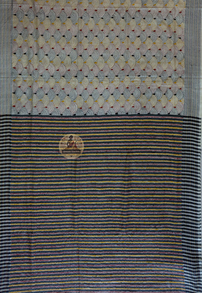 Close-up of handwoven Bishnupur silk weave showing natural lustre beneath Kantha stitch embroidery