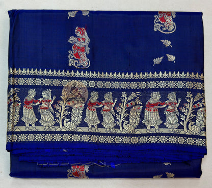 Detail view of traditional Baluchari buti motifs handwoven across the body of Baluchari Pure Silk Saree, revealing the fine weave precision and natural silk lustre of a Bengal textile tradition that survived near-extinction and endures