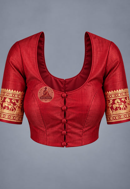 Blouse paired with lavender-grey Baluchari silk saree in a coordinating grey shade with patterned sleeves